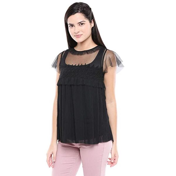 VERO MODA Womens Round Neck Solid Lace Yoke Top - Image 3