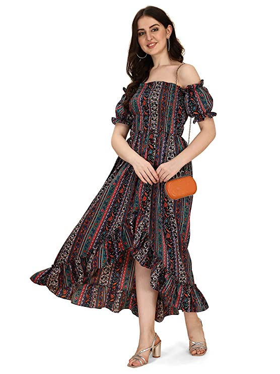 OOMPH! Women's Crepe A-Line Maxi Dress (Smocked}