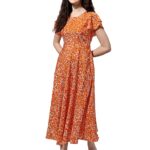 OOMPH! Maxi/Full Length A-line Green Dress in Crepe Fabric with Round Neck and Butterfly Sleeve